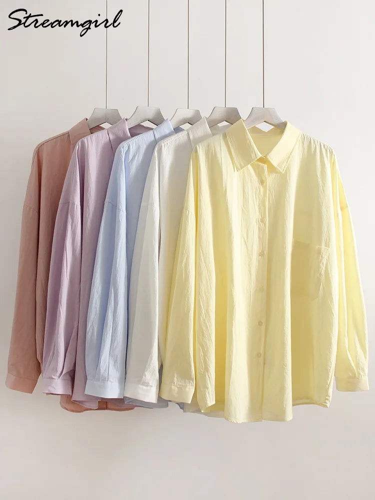 White Basic Oversized Button Up Shirts Women Summer Cotton Office Wear