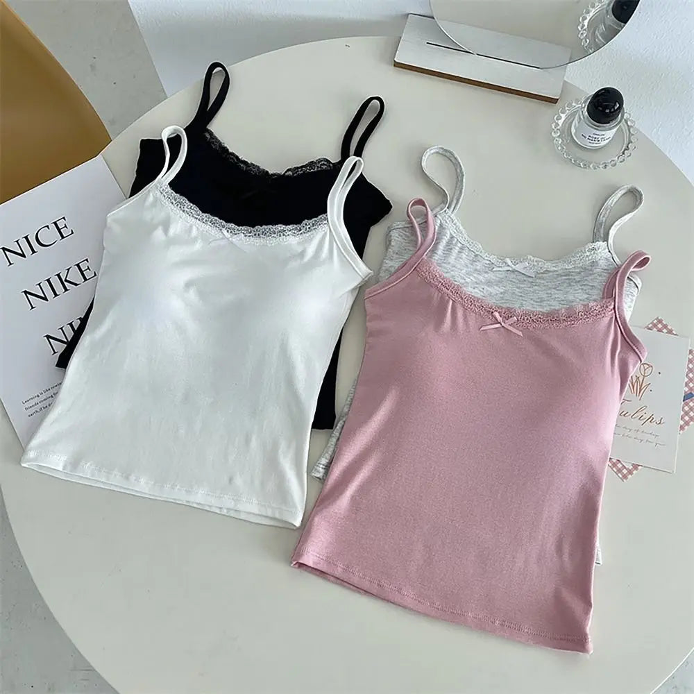 Cotton Strappy Tank Tops Sweet Sensually Innocent Look Bow Short Vest