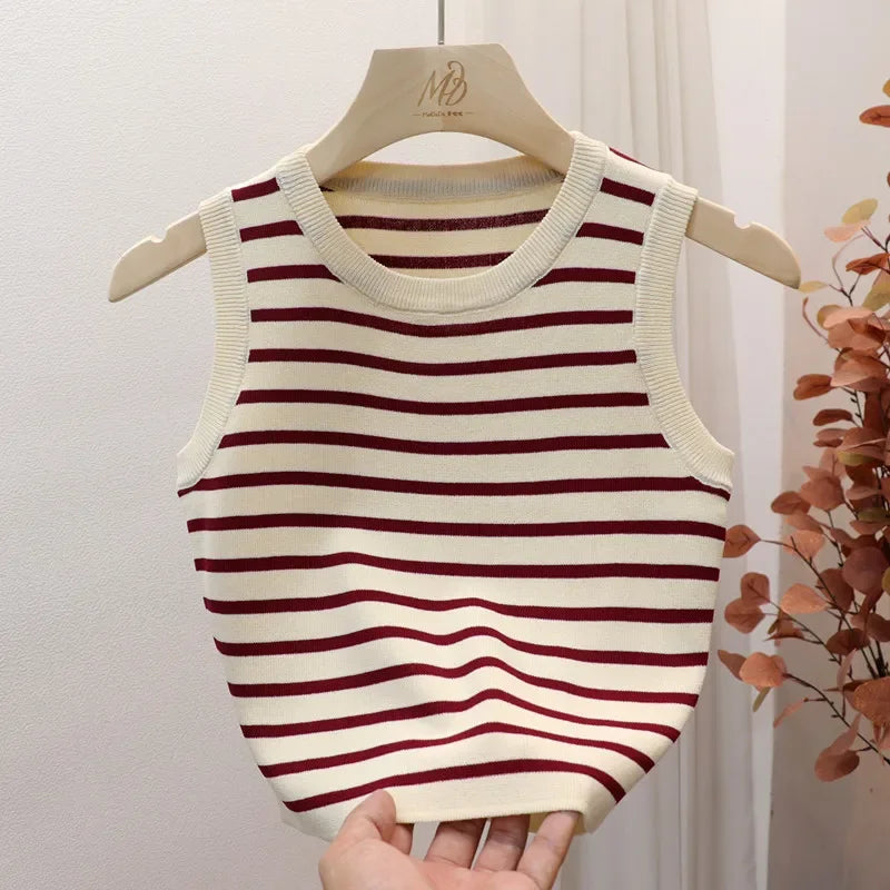 Summer Spring Striped Tank Tops Women Sleeveless Knitted T-Shirts Crop