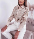 Women's Blouses Hollowed Out Long Sleeved Shirt Casual Solid Button Up