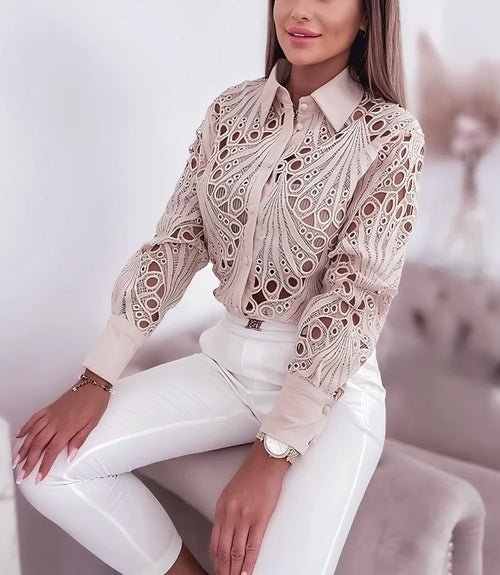 Women's Blouses Hollowed Out Long Sleeved Shirt Casual Solid Button Up