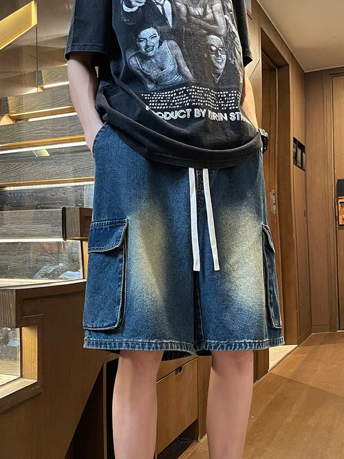 Summer Men's Cargo Denim Shorts Baggy Straight Fashion Casual Wide Leg