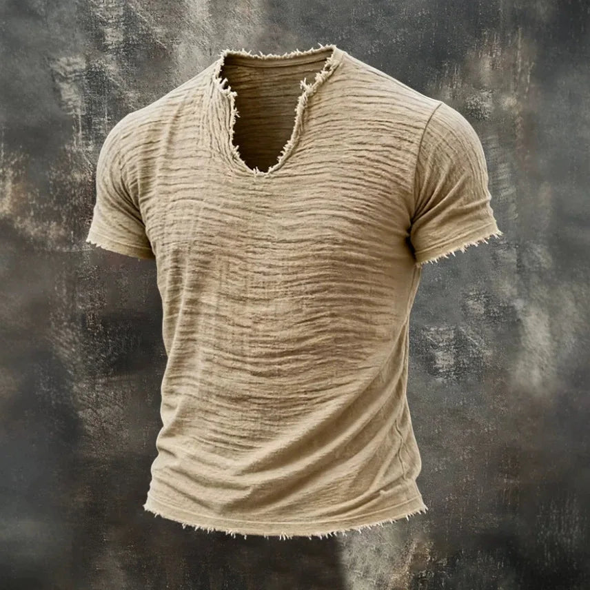 Men Frayed V Neck Short Sleeve T Shirt Wrinkled Texture 100% Cotton