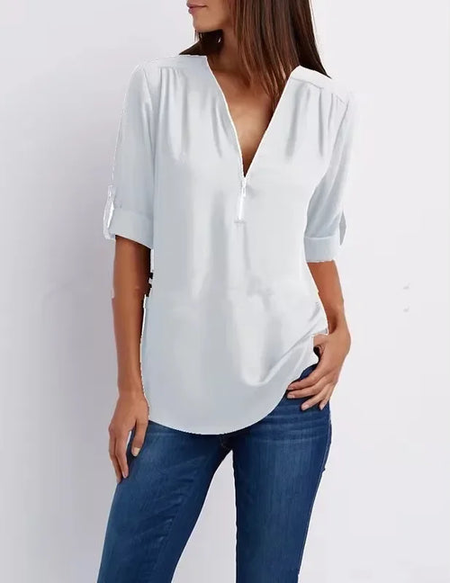 2024 Hot Sale Women Cool Loose Shirt Deep V Neck Chiffon Fashion