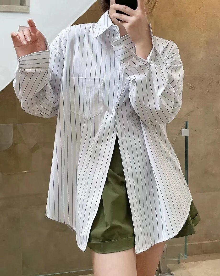 Spring/Summer Women's Striped Polo Neck Long Sleeve Pocket Decoration