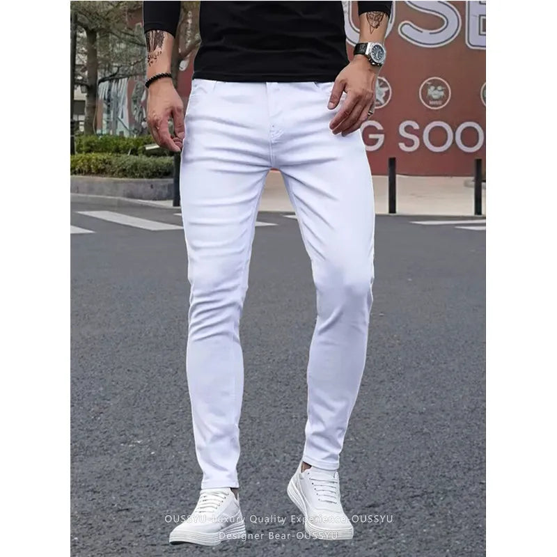 2026 New Spring Summer Men's White Skinny Jeans Slim Fit Stretch Denim