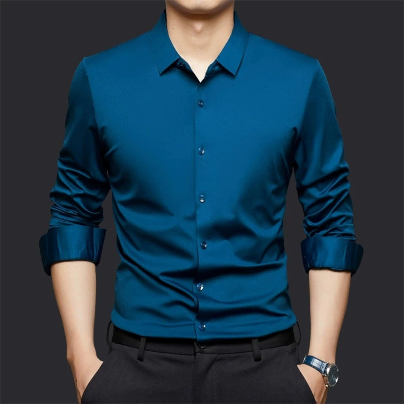 High Stretch Men Business Shirt Long Sleeve Anti-wrinkle Non-ironing