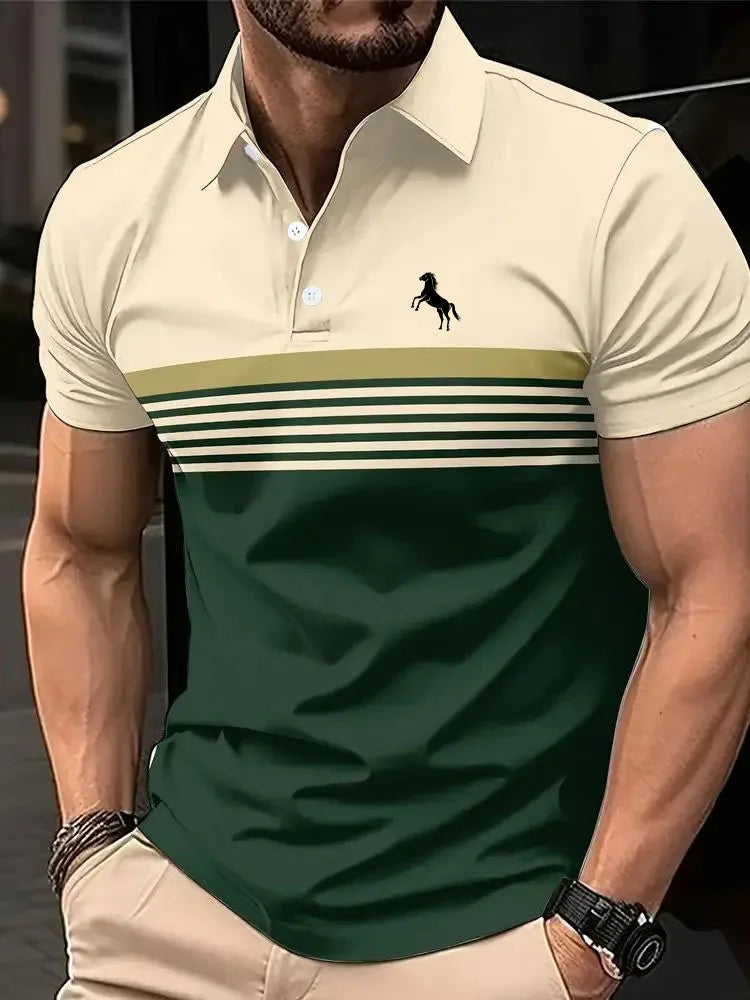 Men'S Casual Short Sleeve Polo Shirt with 3D Horse Print Striped Color