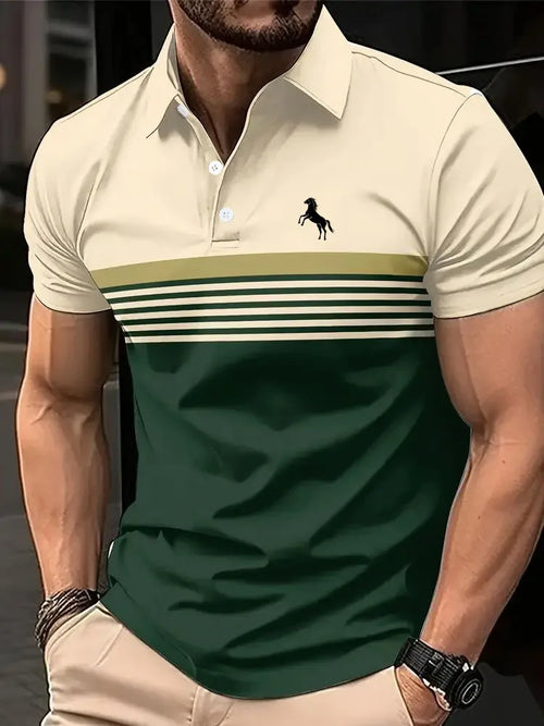 Men'S Casual Short Sleeve Polo Shirt with 3D Horse Print Striped Color