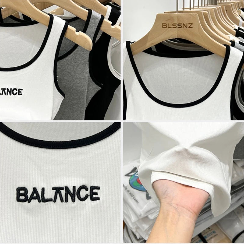Women Solid Round Neck Embroidered Letters Tank Top 2026 Camisole