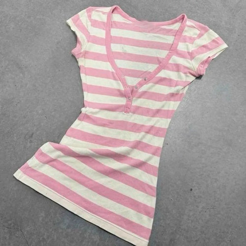 American Retro Hottie T-shirts Pink Striped V-neck Short-sleeved Tees