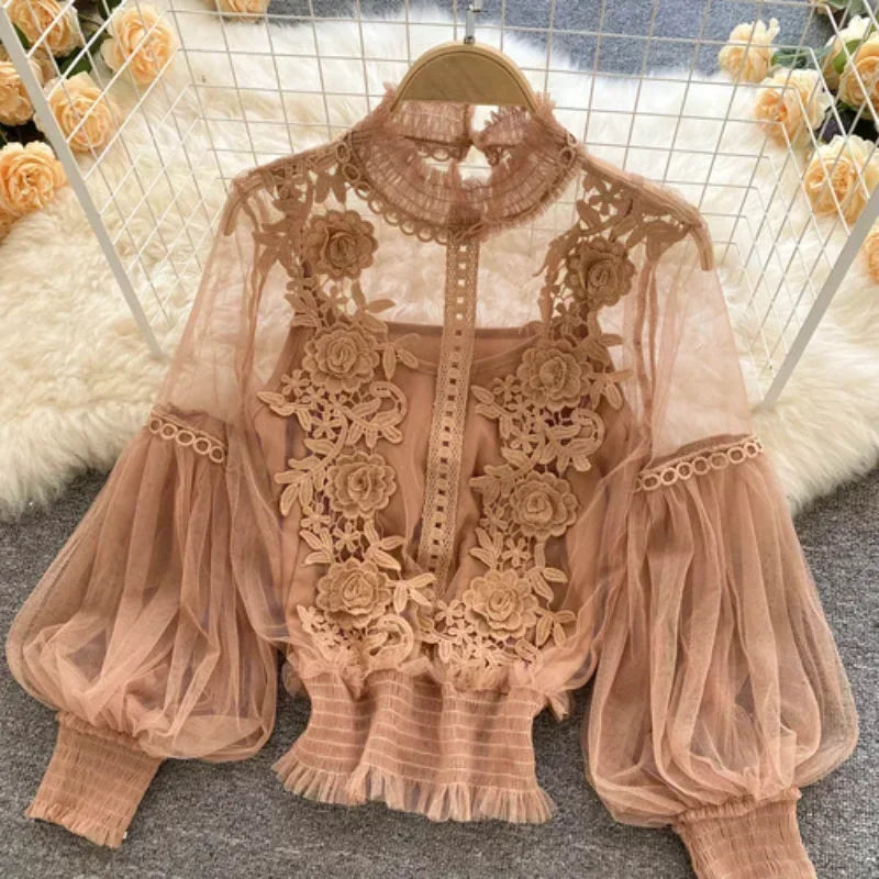 Lace Puff Long Sleeve Blouse Vintage Fashion Blouses Elegant Femme