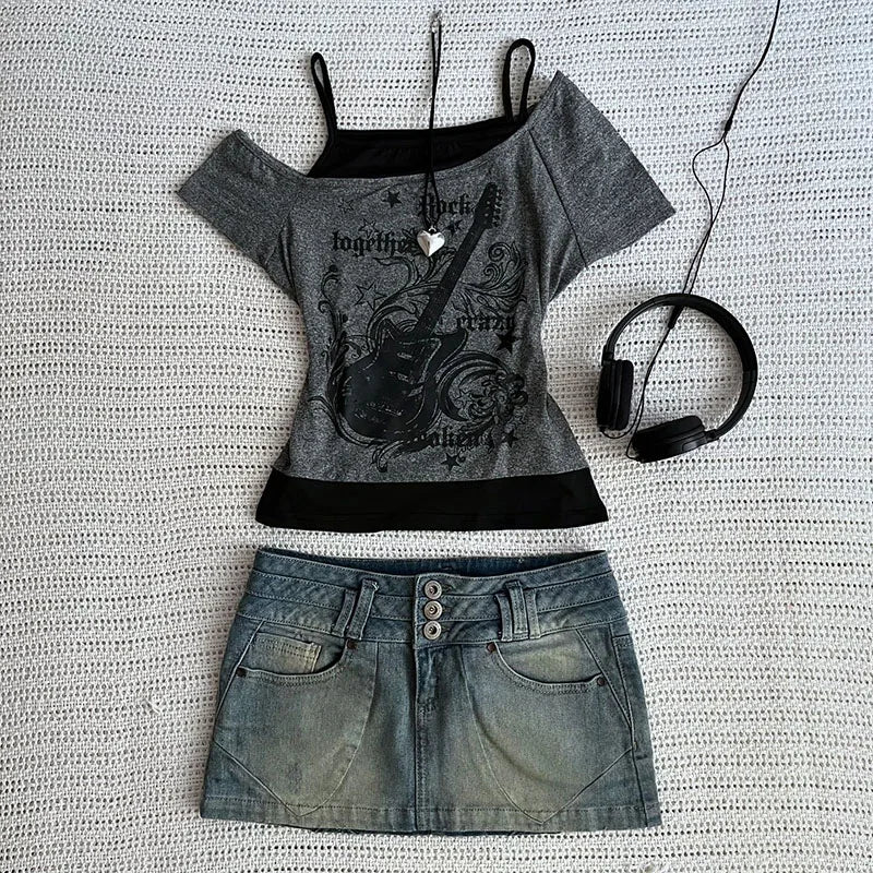 Y2k Slim Fit Print Tops Women Off Shoulder Short Sleeve Tee Shirt