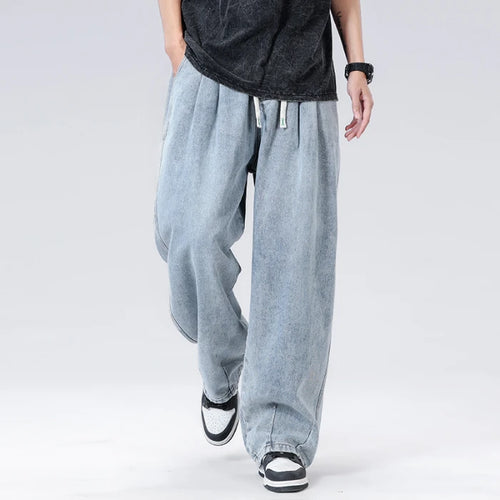 New Men's Elastic Waist Jeans Loose Wide Leg Casual Straight Long