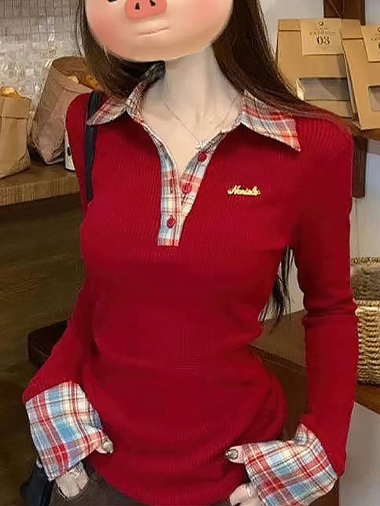 Preppy Polo Neck Plaid Long Sleeve Layered T Shirt Women Fake