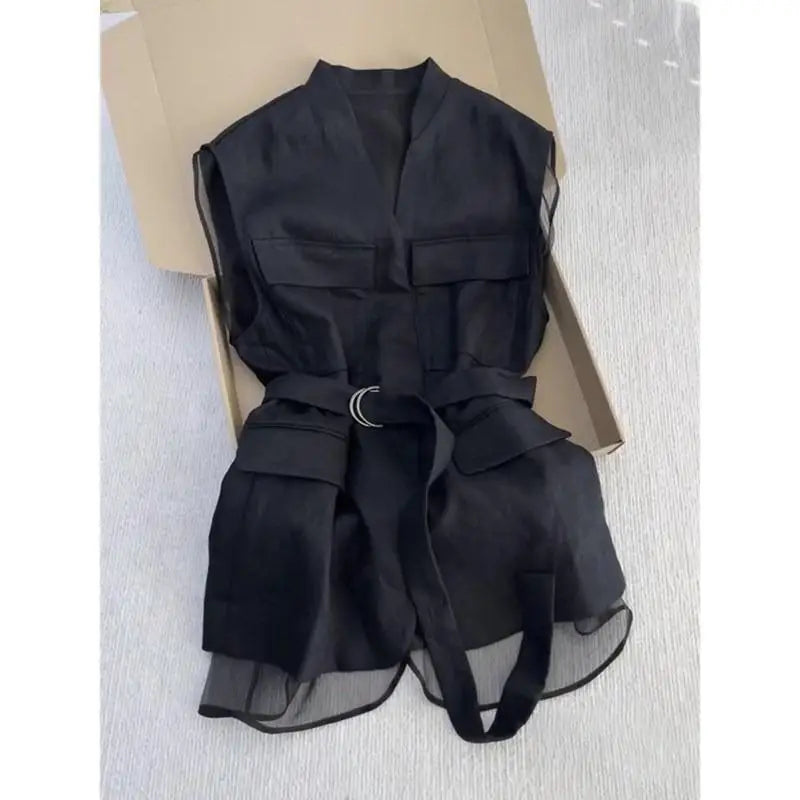 Korean Summer 2025 Black Sleeveless Vest Tops for Women V Neck Slim