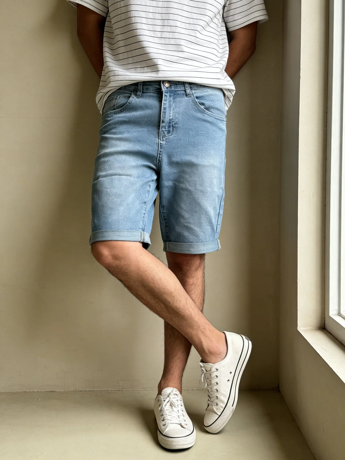 Men Slim Fit Elastic Blue Denim Jorts Casual Street Style Drip Design