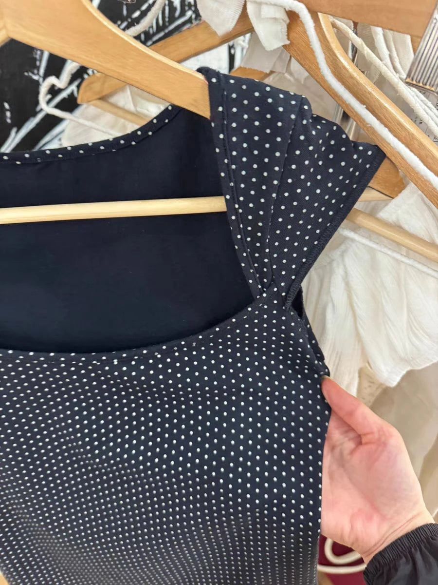 Dot Sleeveless Black Slim T-shirt Woman Summer Sexy Square Collar