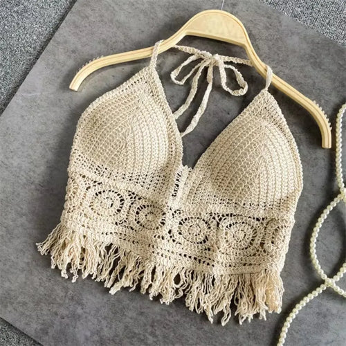 Boho Crochet Halter Top for Women Summer Beach Knit Crop Top with