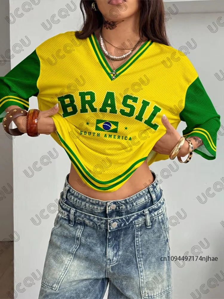 Summer New Vintage Brazil Print Women V-Neck T Shirt Patchwork Short