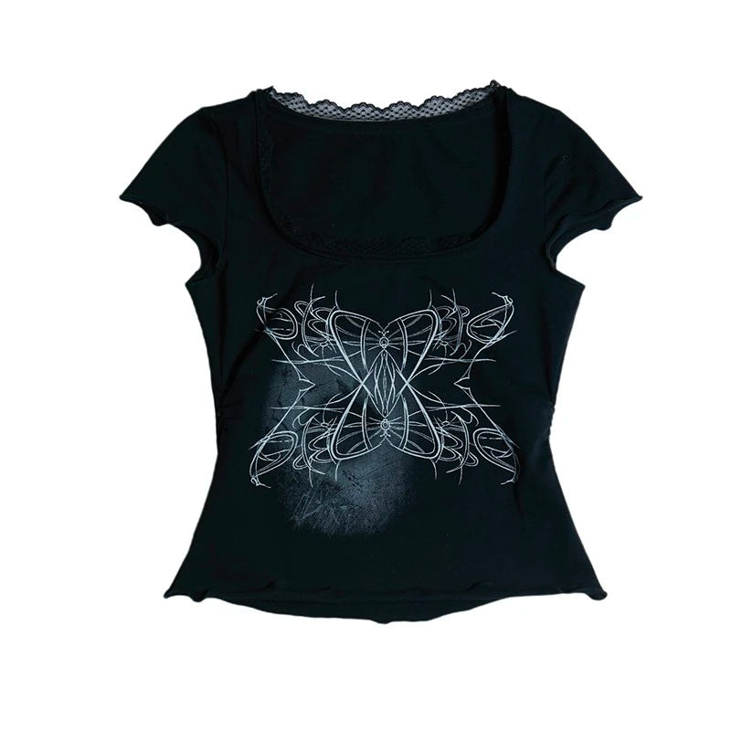 Karrcat Japanese Y2k Tattoo Print T-shirt Grunge Aesthetics Lace