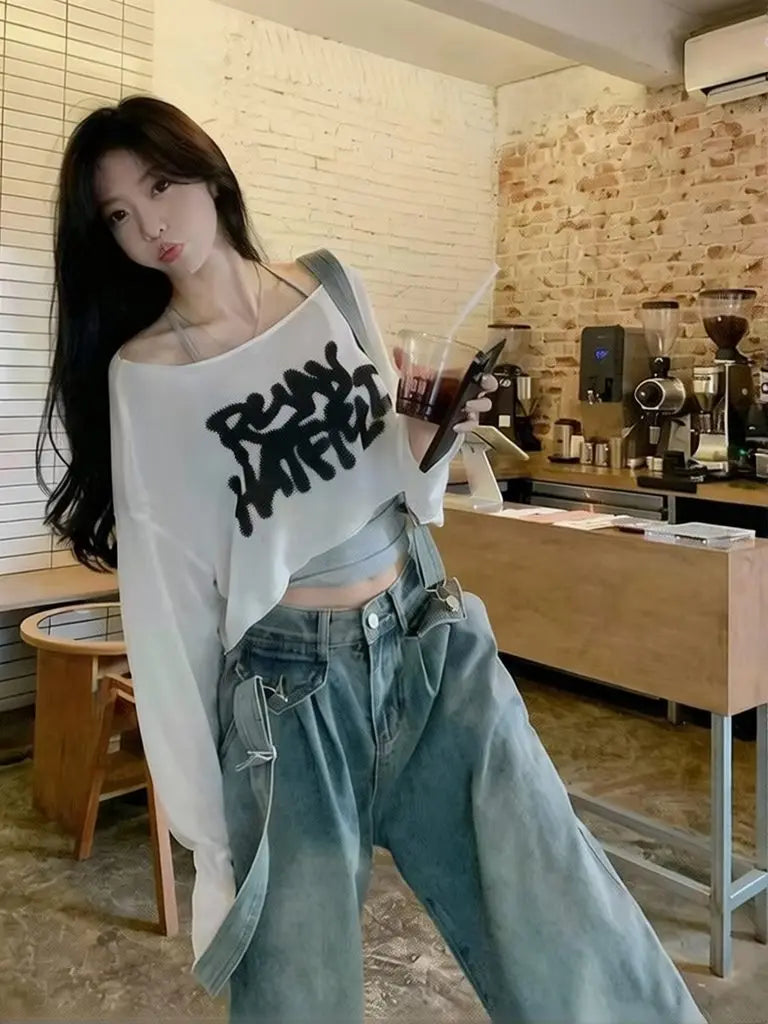 Y2k Summer Two Piece Oversize Cropped T Shirt Tank Top Set Women Short