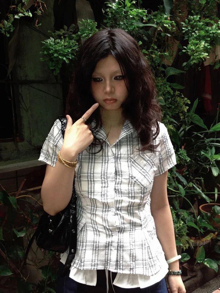 Genayooa Y2k Japanese Shirt Women Slim Short Sleeve Plaid Tee Tops