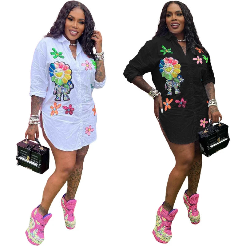 Women Shirts Print Pearls Turn Down Collar Button Elegant Lady Blouses