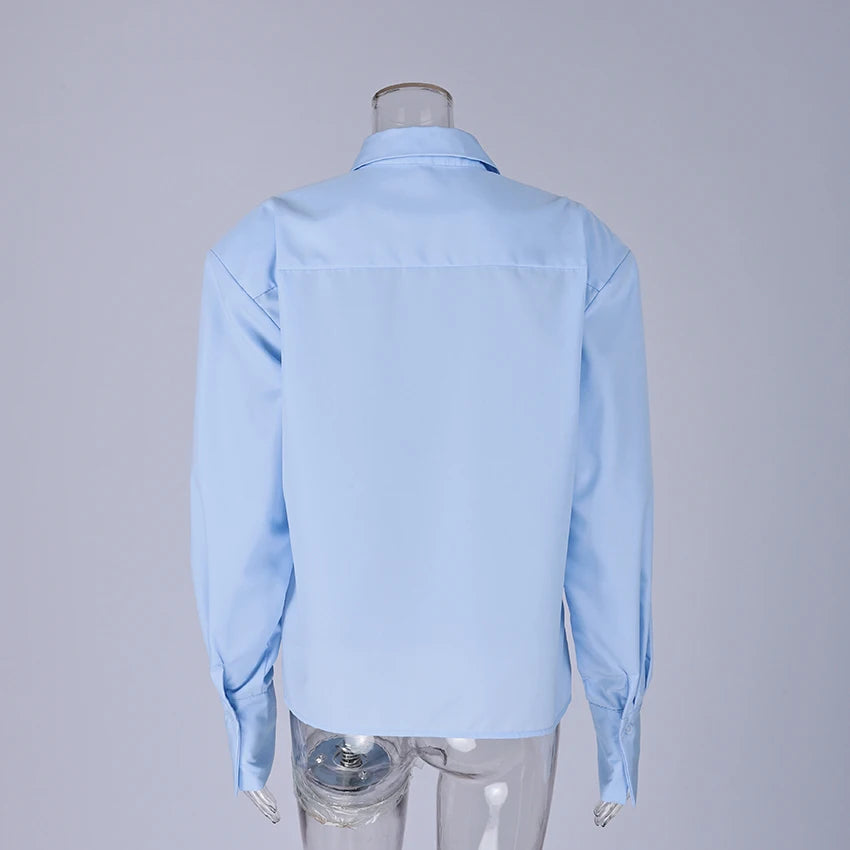 Linad Casual White Puff Sleeve Shirts Female Office Lady Blue