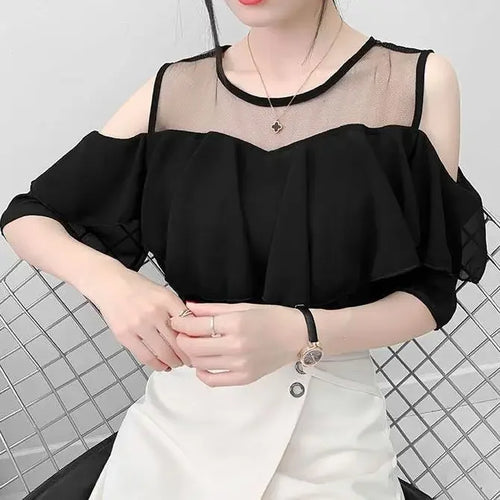 Off Shoulder Sexy Chiffon Blouses Women 2025 Summer Korean Fashion