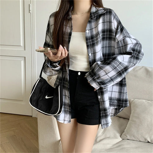 Korean Plaid Blouses for Women Fashion Long Sleeve Check Shirt Ladies