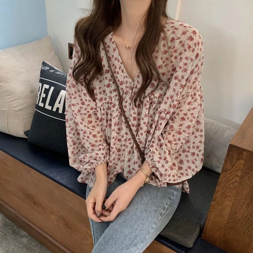 V-neck Chiffon Shirt Women Sweet Tops Blouse 2025 Spring Korean Floral