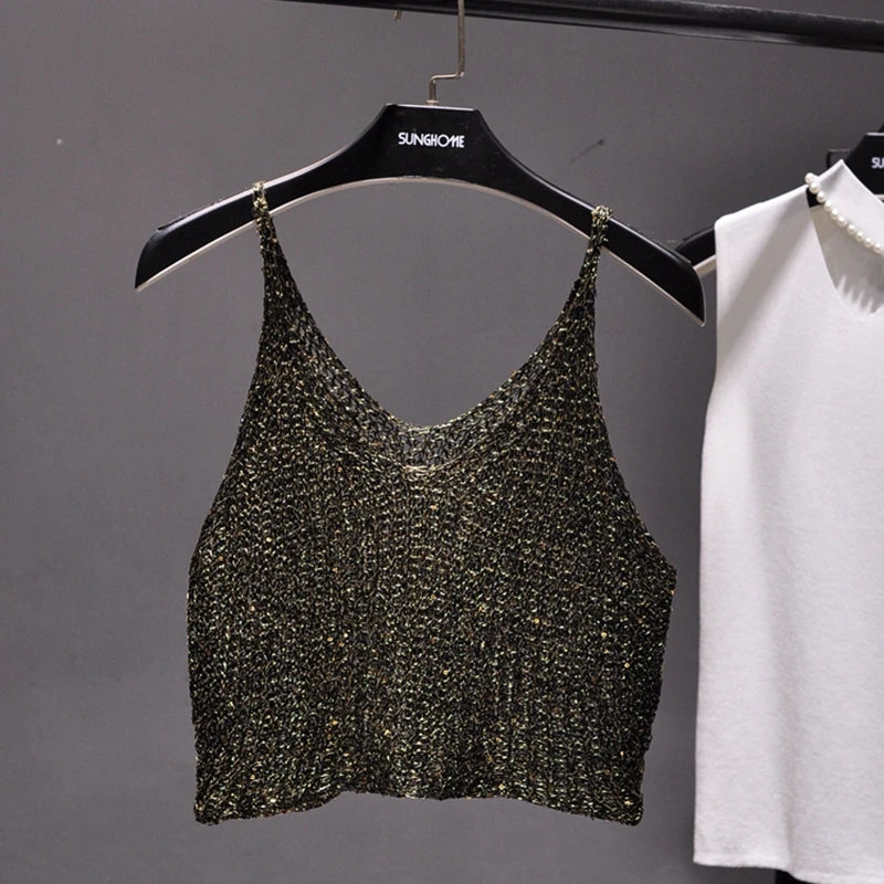 Sparkling Sequins Half Waist Render Knitwear Hollow-out Is Sexy Waist