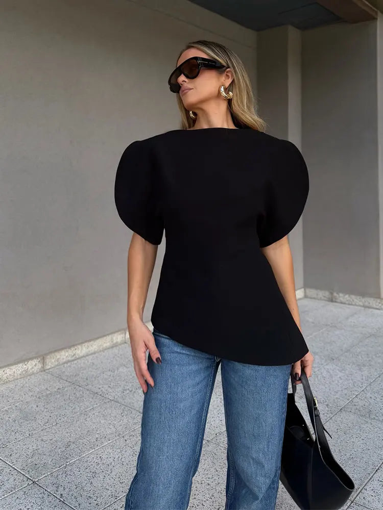 HH Women Elegant Solid Puff Sleeve Blouse Asymmetrical Hem O Neck