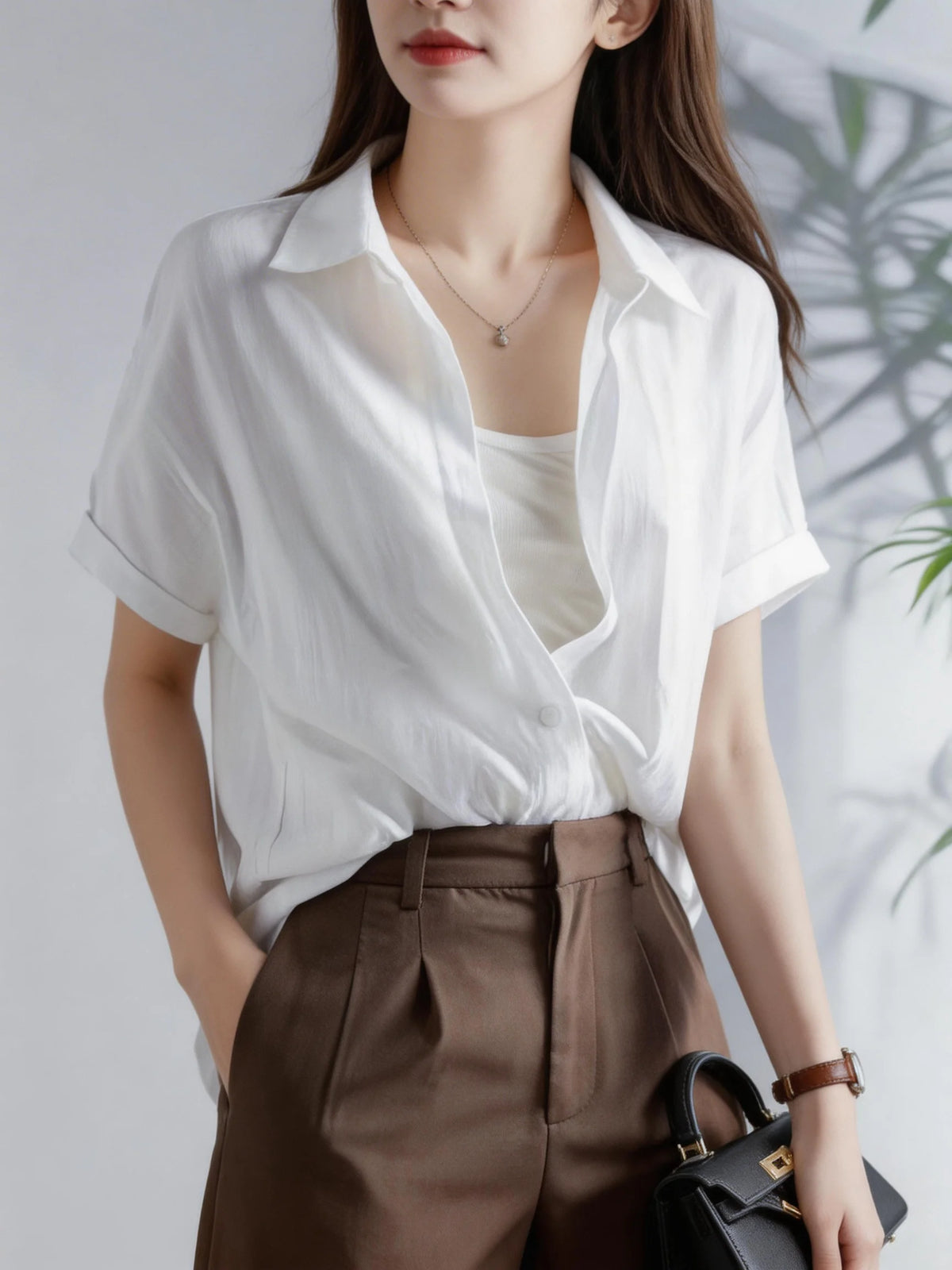 Women's Casual White Blouse, Short Sleeve V-Neck Shirt, Business