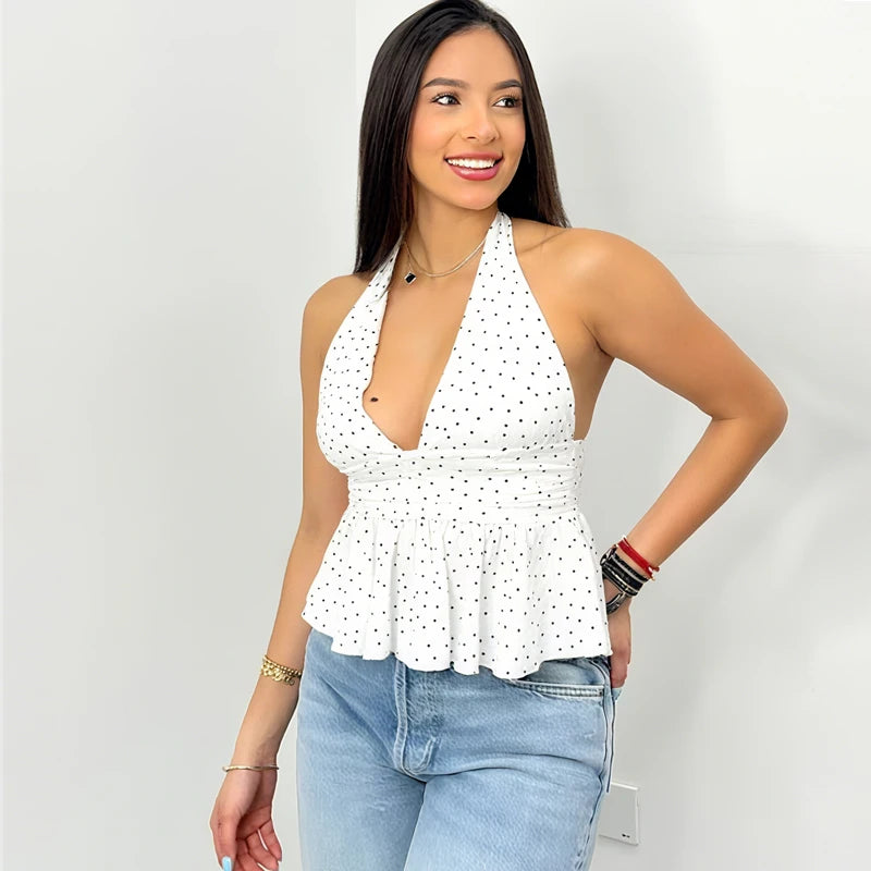 HXAO Polka Dot Crop Top Women Corset Summer Halter Top Sleeveless