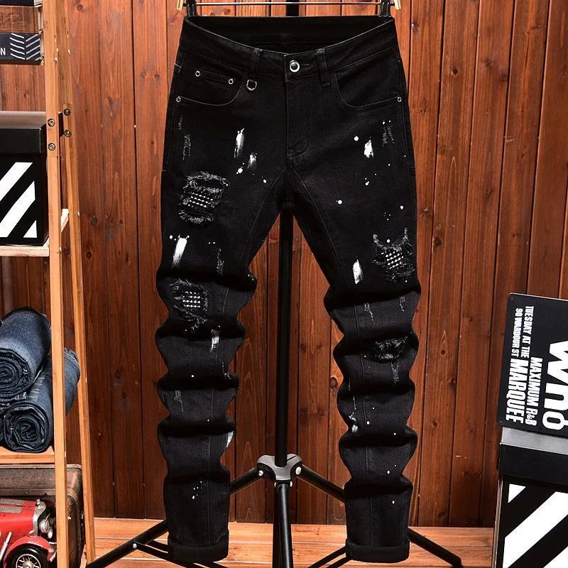 2024 Spring and Autumn New Fashion Trend Retro Ripped Black Stretch