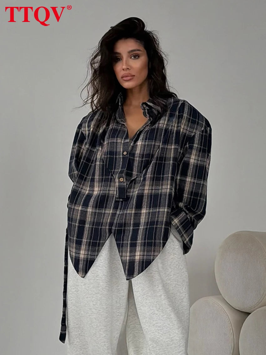 TTQV Fashion Loose Plaid Women's Blouse 2026 Vintage Lapel Long Sleeve