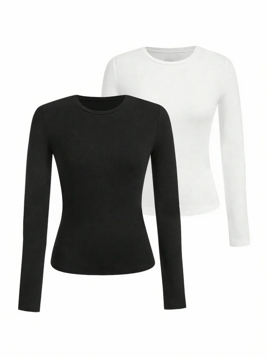 Women's solid-color long-sleeved T-shirt - Polyester knitted fabric,