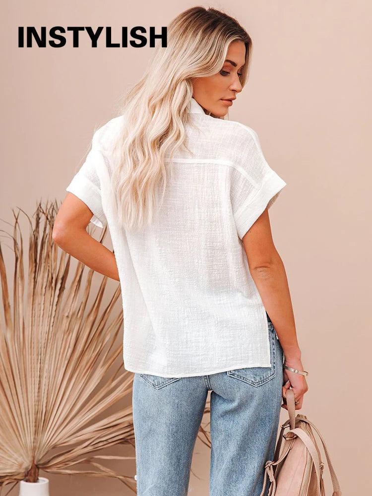 Casual Solid Short Sleeve Cotton Linen Loose Blouse Vintage Harajuku