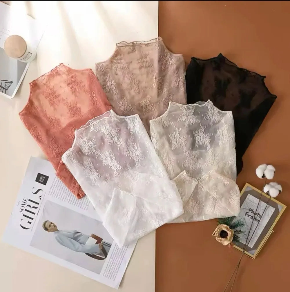 Sexy Sheer Mesh Long Sleeve Layering Top for Women Mock Neck Floral