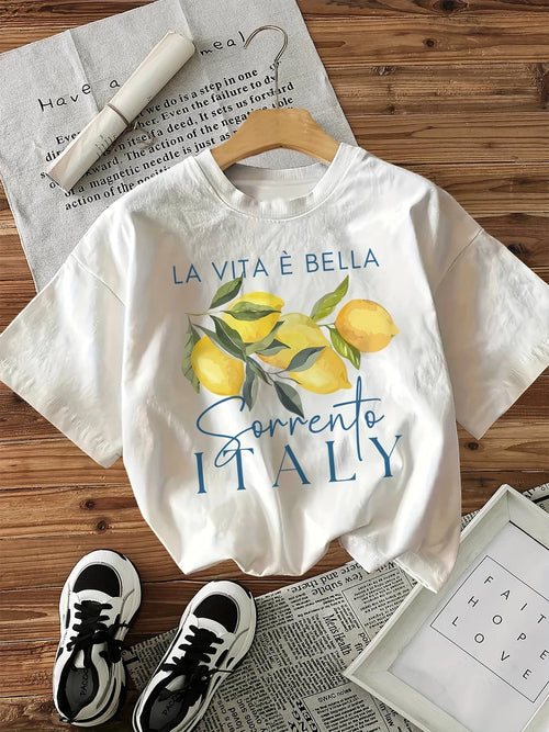 100% Cotton Loose Graphic Lemon Print T-Shirt Short Sleeve Crew Neck