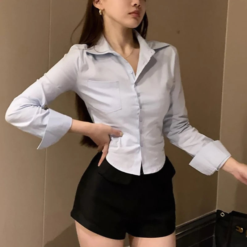 Korean White Office Women Chiffon Shirt Pocket Button Lapel Ladies