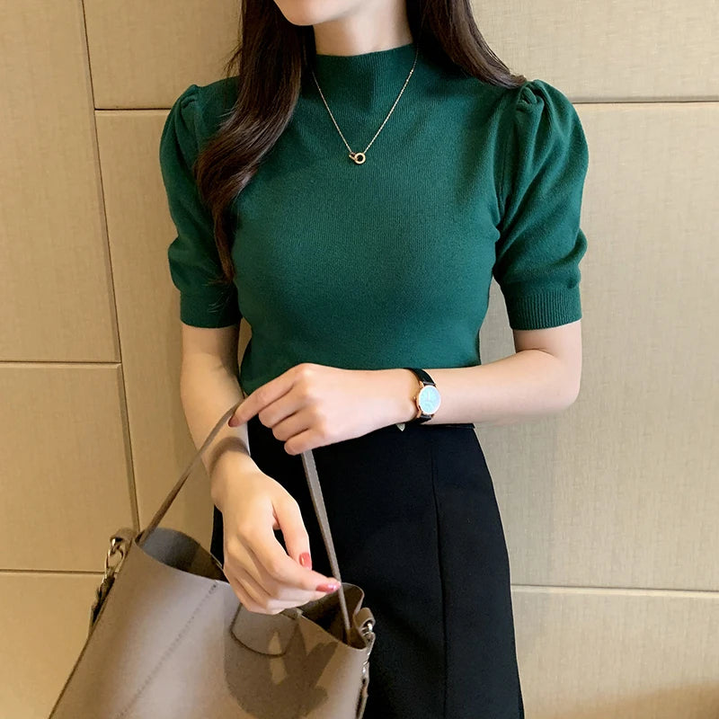 Blusas Mujer De Moda 2023 Verano Short Sleeve White Knitted Sweater