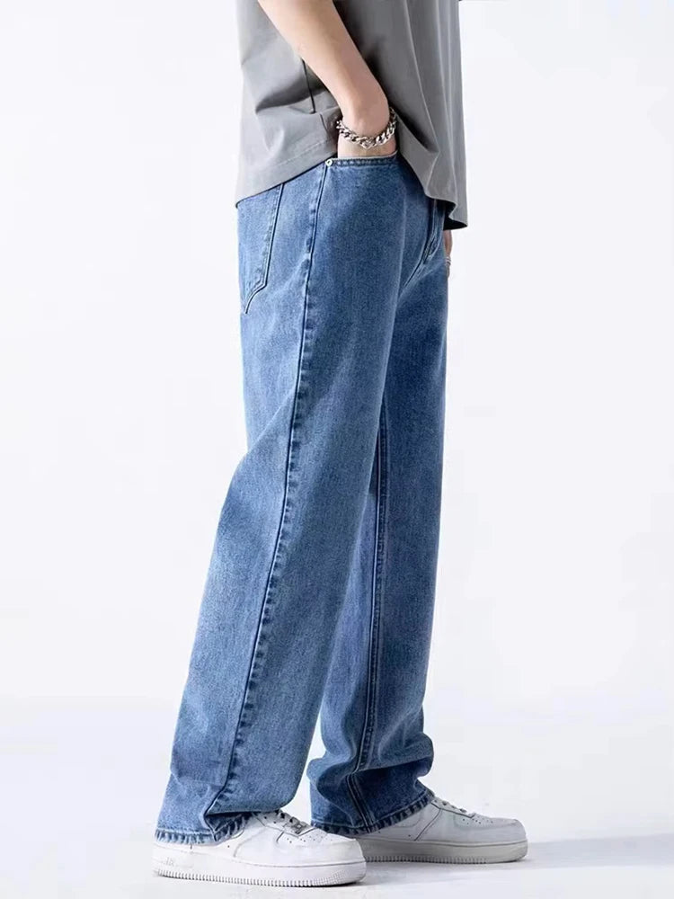 Men's Straight Jeans Korean Fashion Elastic Banded Wide Leg Blue Denim