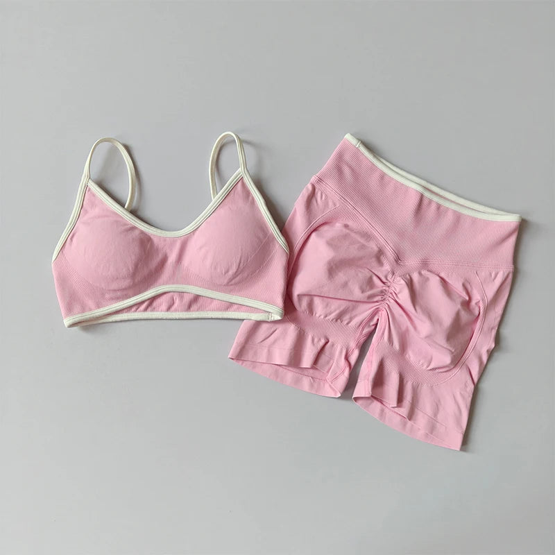 Yoga Suit Seamless Crop Top Tight Sports Bras and High Waist Shorts