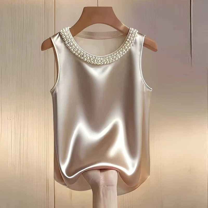 Elegant Satin Shirt Women Summer Bead Design Silk Blouse Women