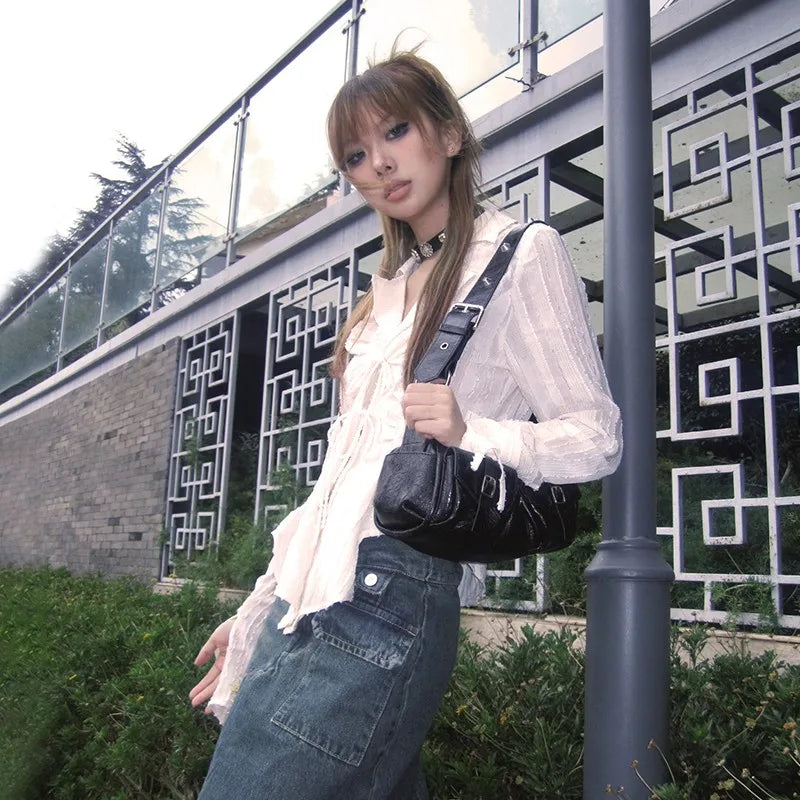 Karrram Y2k Aesthetics Pleated Shirt Fairycore Lace Up Blouse Trashy