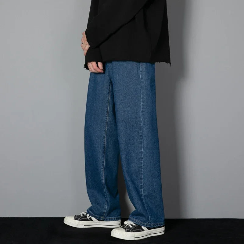 New Korean Men's Casual Long Jeans Classic Man Straight Denim Wide-leg
