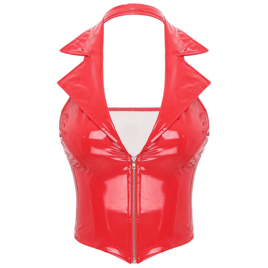Womens Wet Look Leather Deep V Neck Halter Backless Crop Tank Tops